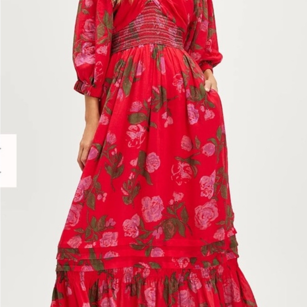 Free People Red Floral Long Sleeve Dress